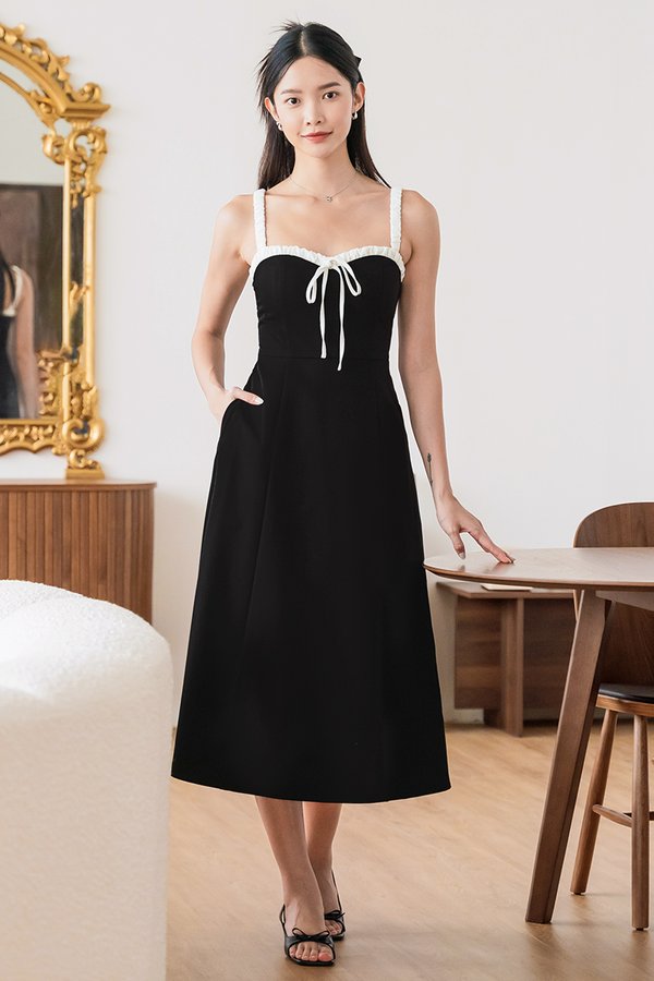 Merre Padded Tie-Back Midi Dress (Black)