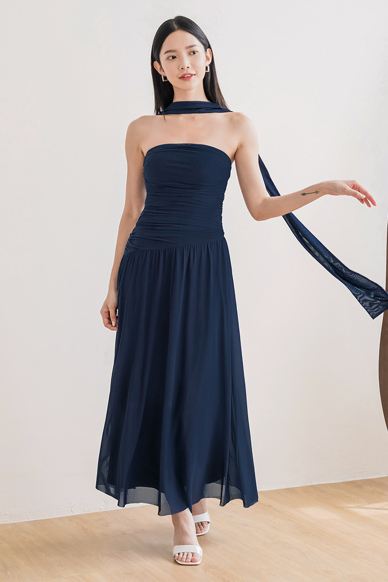 Athelia Padded Ruched Mesh Tube Dress (Navy) | Dear Lyla