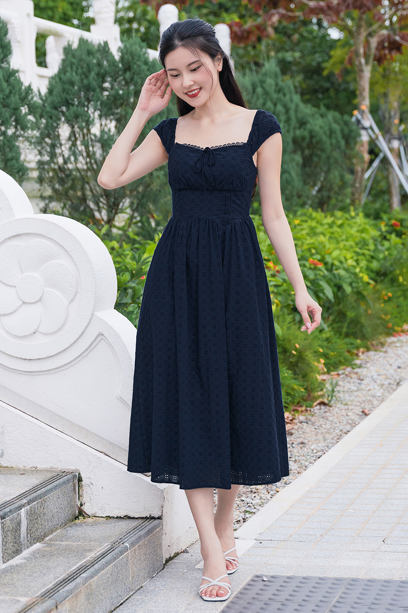 Emily Padded Ribbon Midaxi Dress (Navy) | Dear Lyla