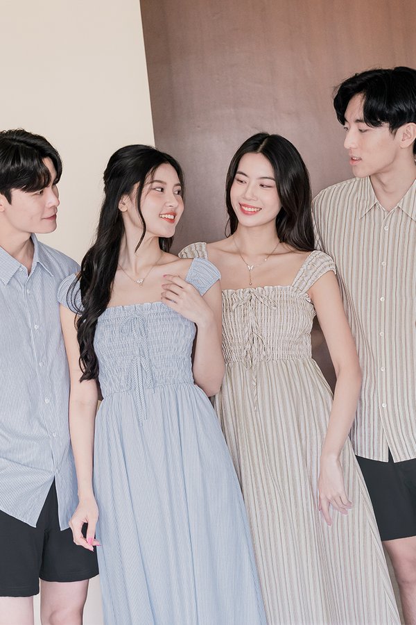 Bella Cap Sleeve Smocked Ribbon Midi Dress (Brown Stripes)