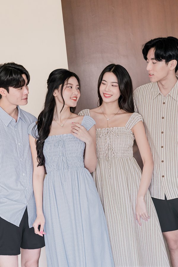 Bella Cap Sleeve Smocked Ribbon Midi Dress (Brown Stripes)