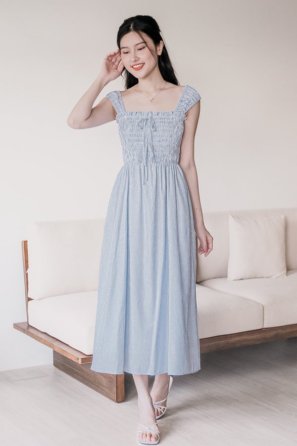 Bella Cap Sleeve Smocked Ribbon Midi Dress (Blue Stripes)