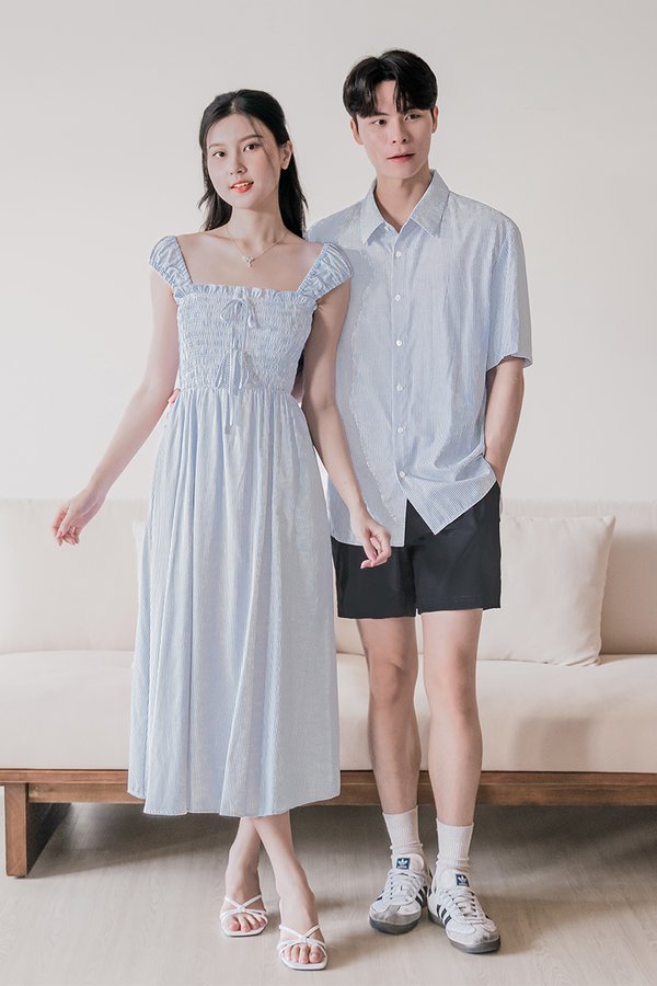 Bella Cap Sleeve Smocked Ribbon Midi Dress (Blue Stripes)