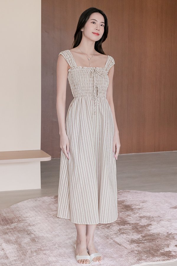 Bella Cap Sleeve Smocked Ribbon Midi Dress (Brown Stripes)