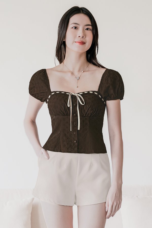 Chloee Padded Contrast Ribbon Babydoll Top (Brown)
