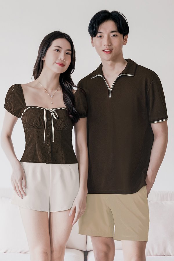 Chloee Padded Contrast Ribbon Babydoll Top (Brown)