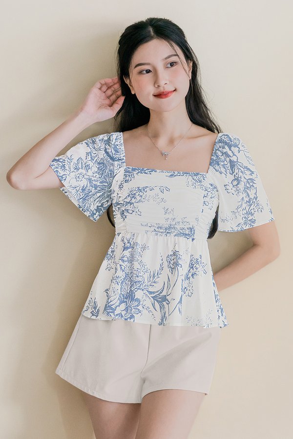 Dalsy Padded Flutter Sleeve Ruched Peplum Top V2 (Serenity Blue Earthy Bliss)