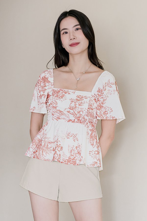 Dalsy Padded Flutter Sleeve Ruched Peplum Top V2 (Sienna Earthy Bliss)