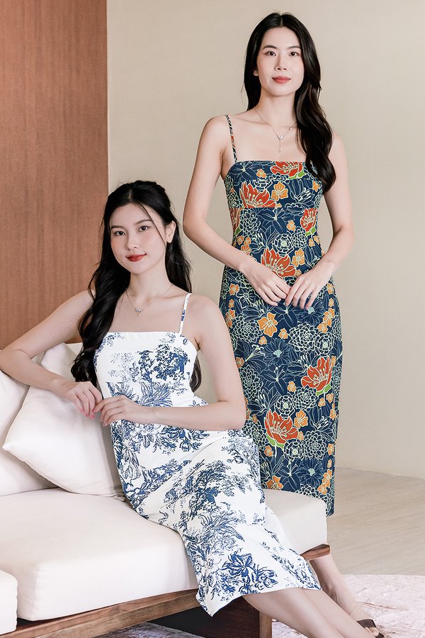 Dania Padded Column Midi Dress (Navy Earthy Bliss)