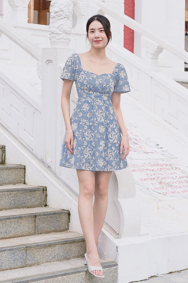 Darley Padded Flutter Sleeve Embroidery Dress (Blue Textured Floral)