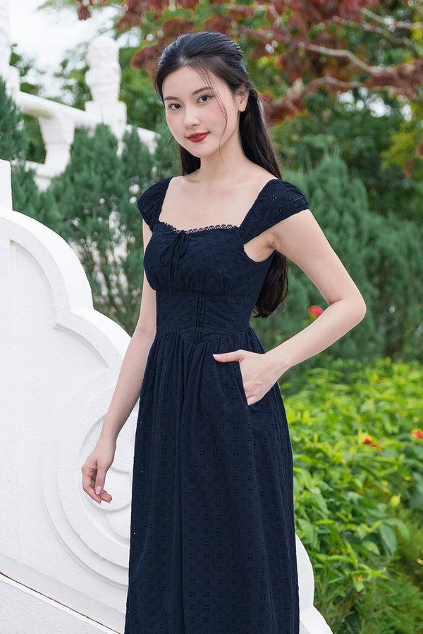 Emily Padded Ribbon Midaxi Dress (Navy)