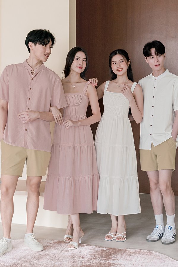 Evelyn Padded Pintuck Tiered Midaxi Dress (White)