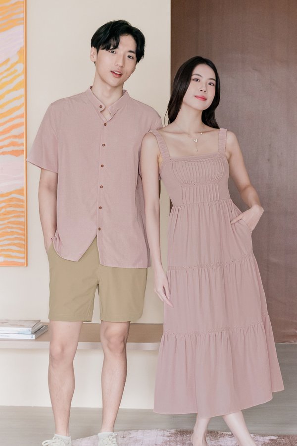 Evelyn Padded Pintuck Tiered Midaxi Dress (Pink)