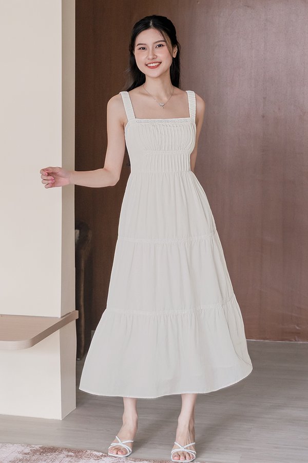 Evelyn Padded Pintuck Tiered Midaxi Dress (White)