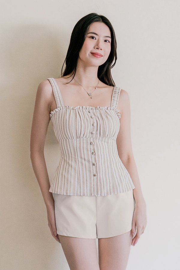 Freda Padded Ruched Strap Top (Brown Stripes)