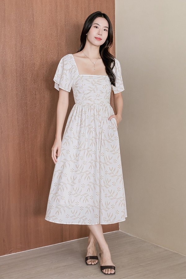 Heather Padded Flutter Sleeve Folds Midaxi Dress (Sand Opulent)