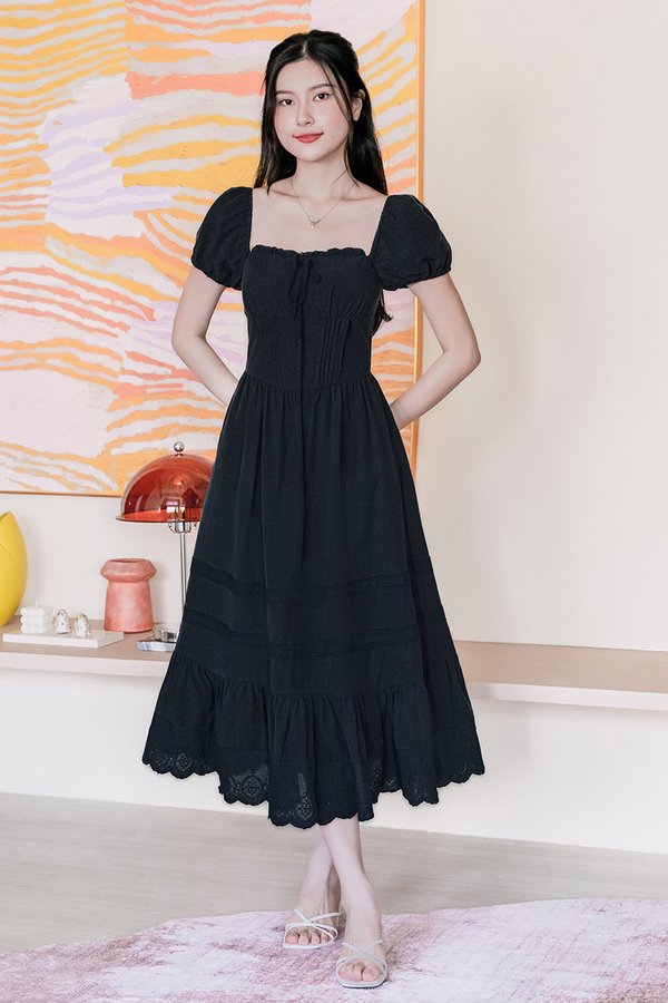 Herena Padded Puff Sleeve Pintuck Midaxi Dress (Midnight)