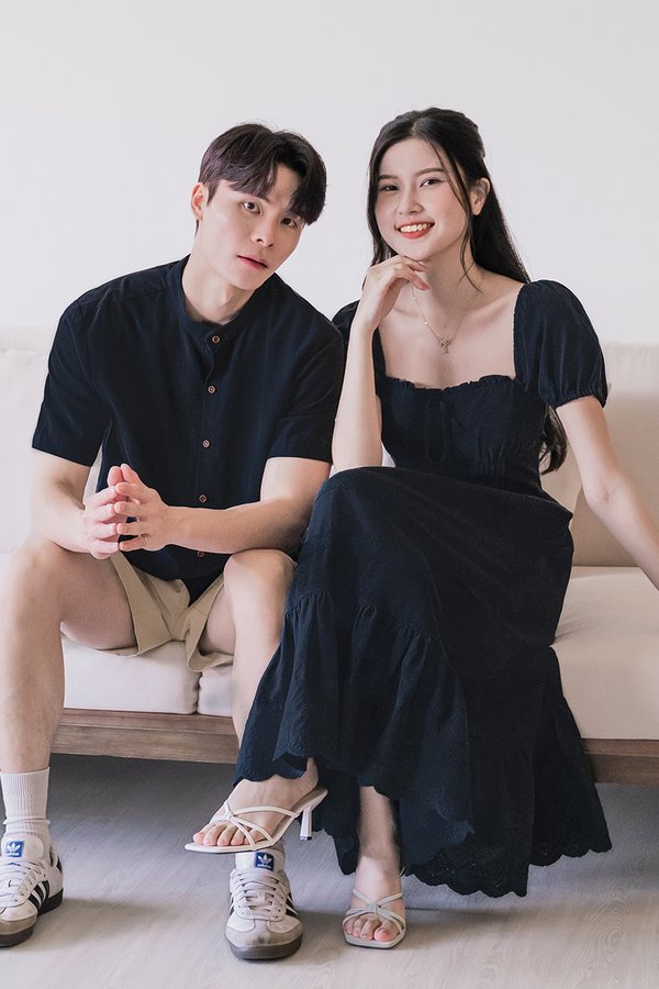 Herena Padded Puff Sleeve Pintuck Midaxi Dress (Midnight)