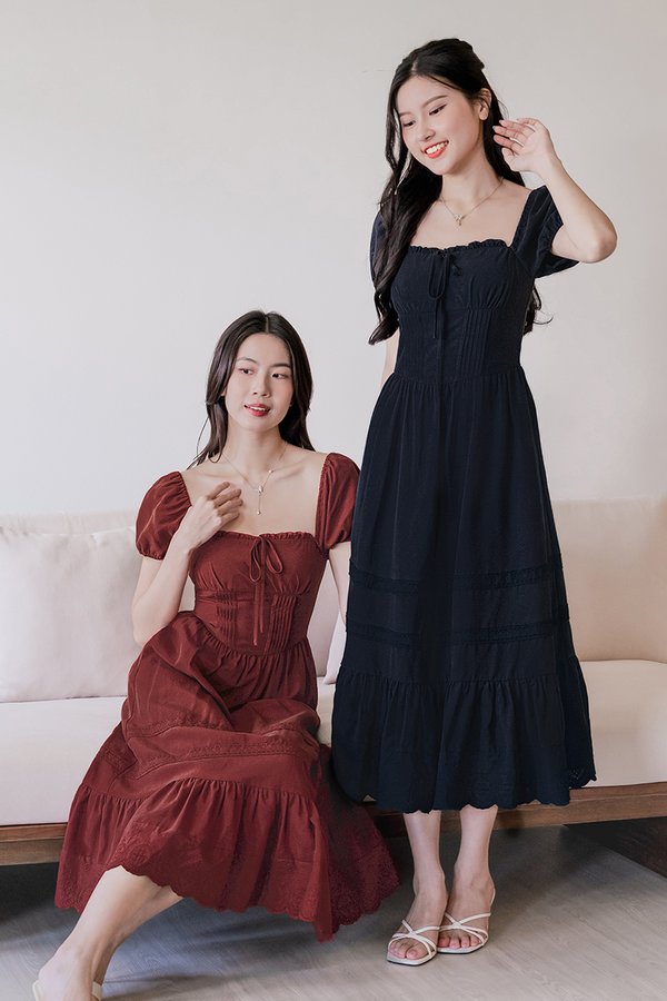 Herena Padded Puff Sleeve Pintuck Midaxi Dress (Mahogany)