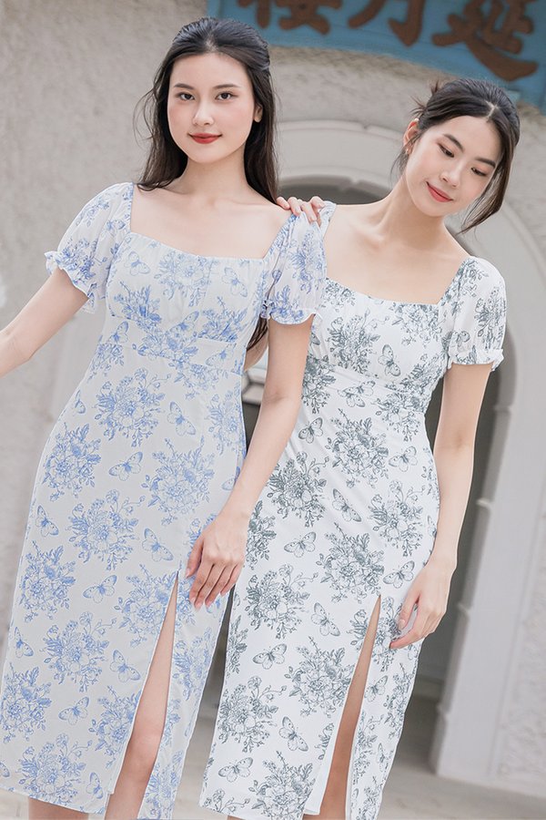 Jasmine Padded Ruched Slit Midi Dress (Black Floral Charm)