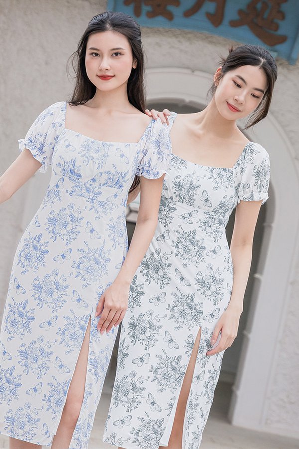 Jasmine Padded Ruched Slit Midi Dress (Blue Floral Charm)
