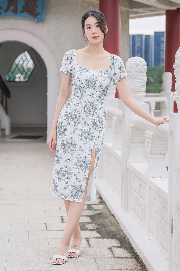 Jasmine Padded Ruched Slit Midi Dress (Black Floral Charm)