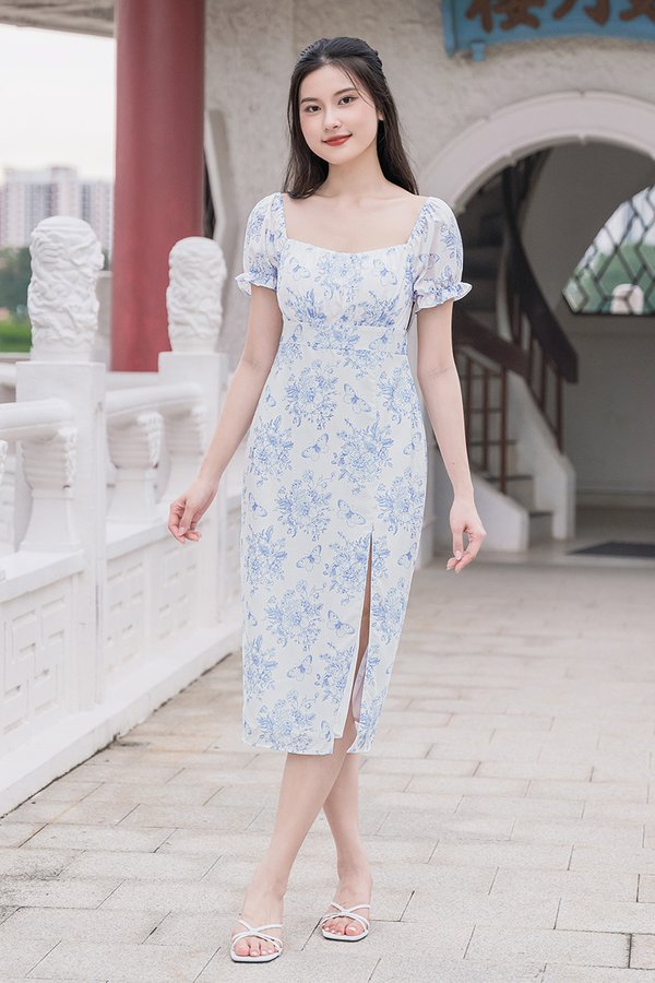 Jasmine Padded Ruched Slit Midi Dress (Blue Floral Charm)