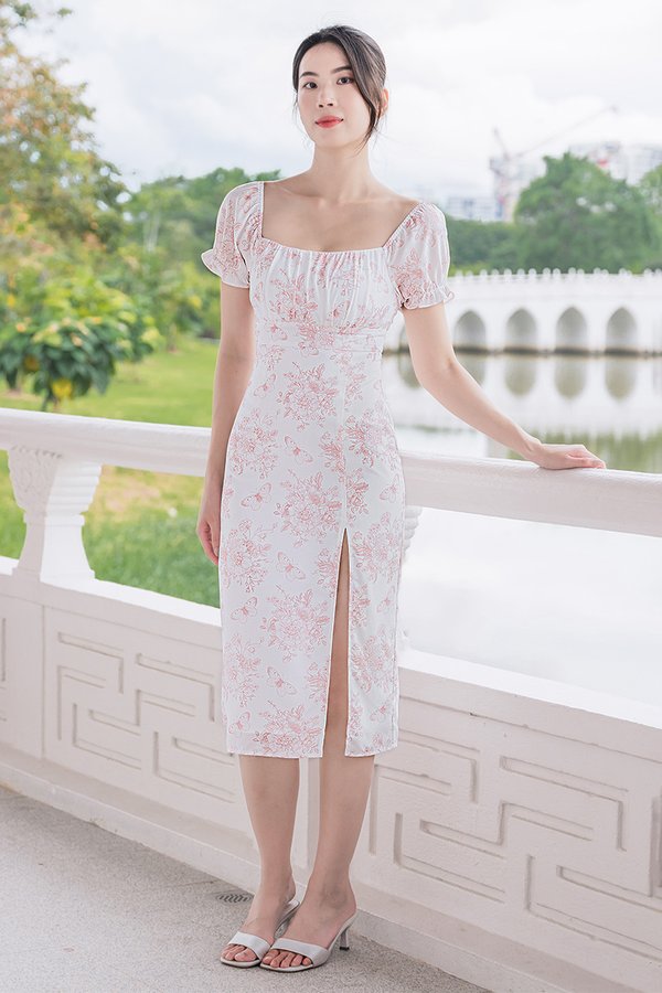 Jasmine Padded Ruched Slit Midi Dress (Rosy Garden)