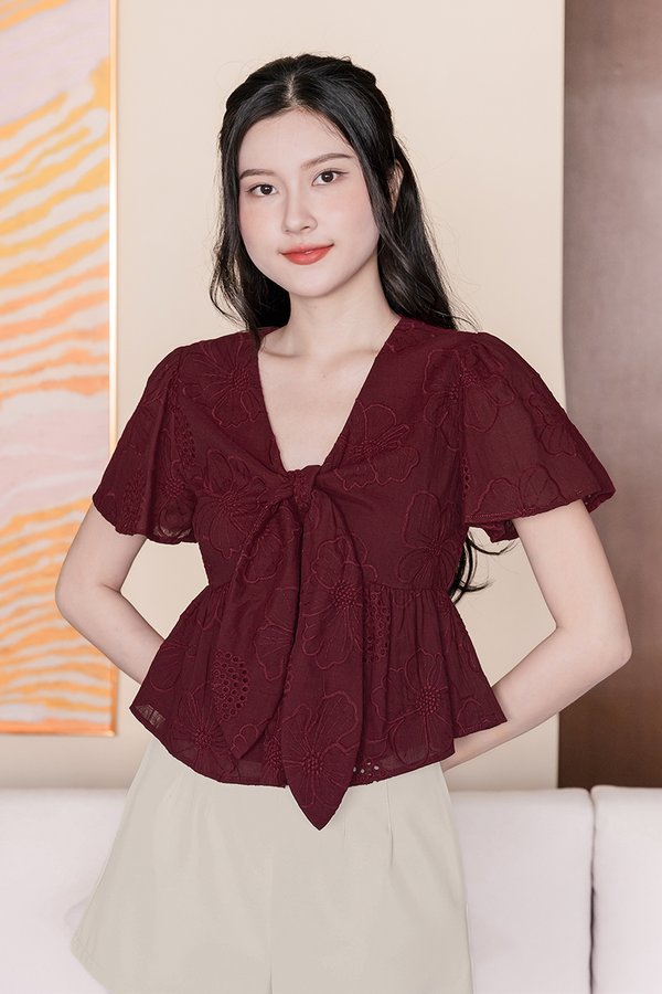 Jayley Tie-Front Peplum Top (Maroon Embroidery)