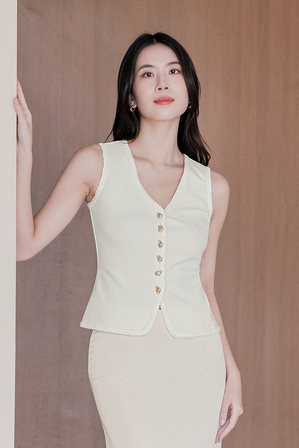 Kylie Braided Trim Knit Vest Top (Cream)