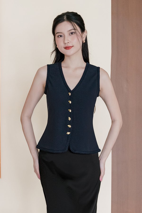 Kylie Braided Trim Knit Vest Top (Midnight)