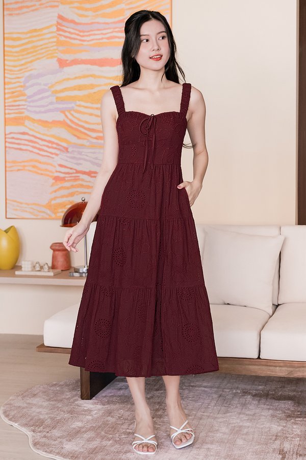Laura Padded Ruched Strap Midi Dress (Maroon Embroidery)