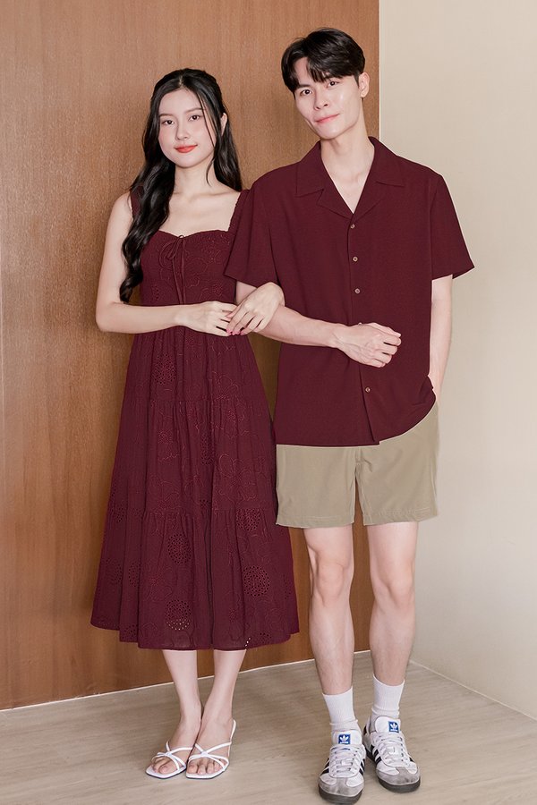 Laura Padded Ruched Strap Midi Dress (Maroon Embroidery)