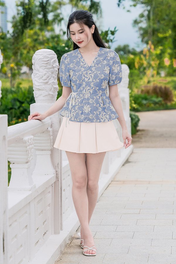 Mirabelle Wrap Ribbon Peplum Top (Blue Textured Floral)