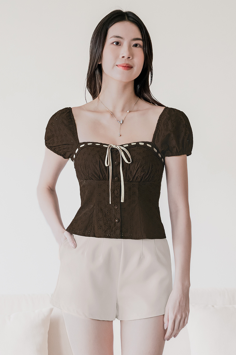 Chloee Padded Contrast Ribbon Babydoll Top (Brown) | Dear Lyla