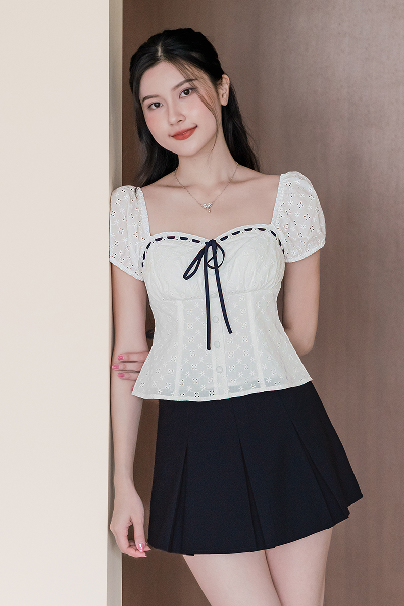 Chloee Padded Contrast Ribbon Babydoll Top (White) | Dear Lyla