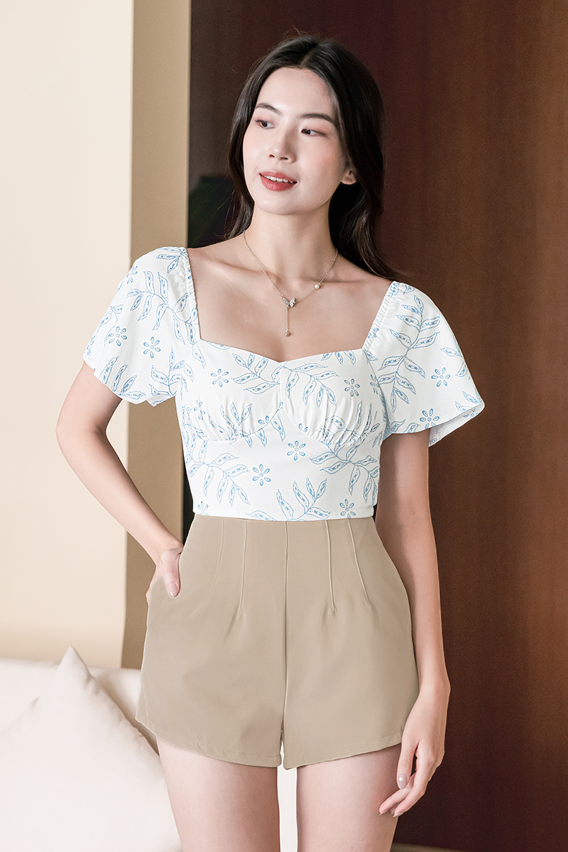 Daniella Padded Flare Sleeve Top (Columbia Blue Opulent) | Dear Lyla