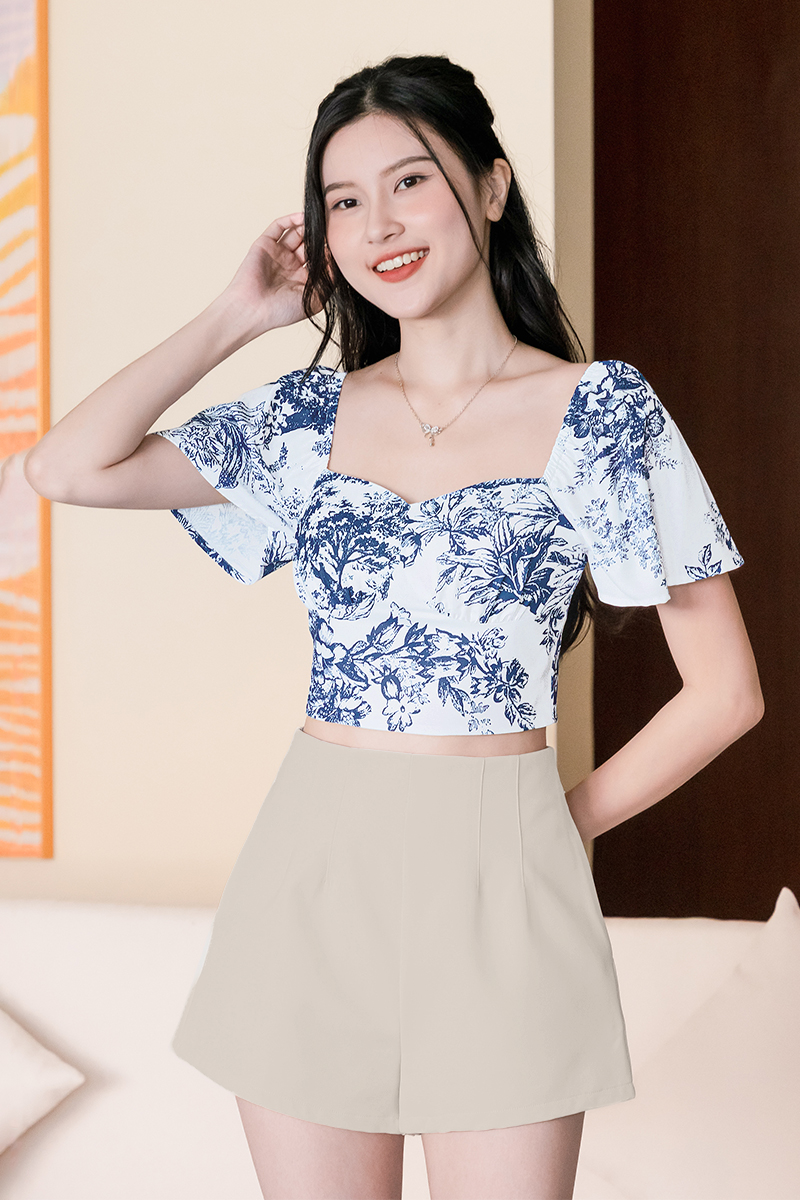 Daniella Padded Flare Sleeve Top (Navy Earthy Bliss) | Dear Lyla