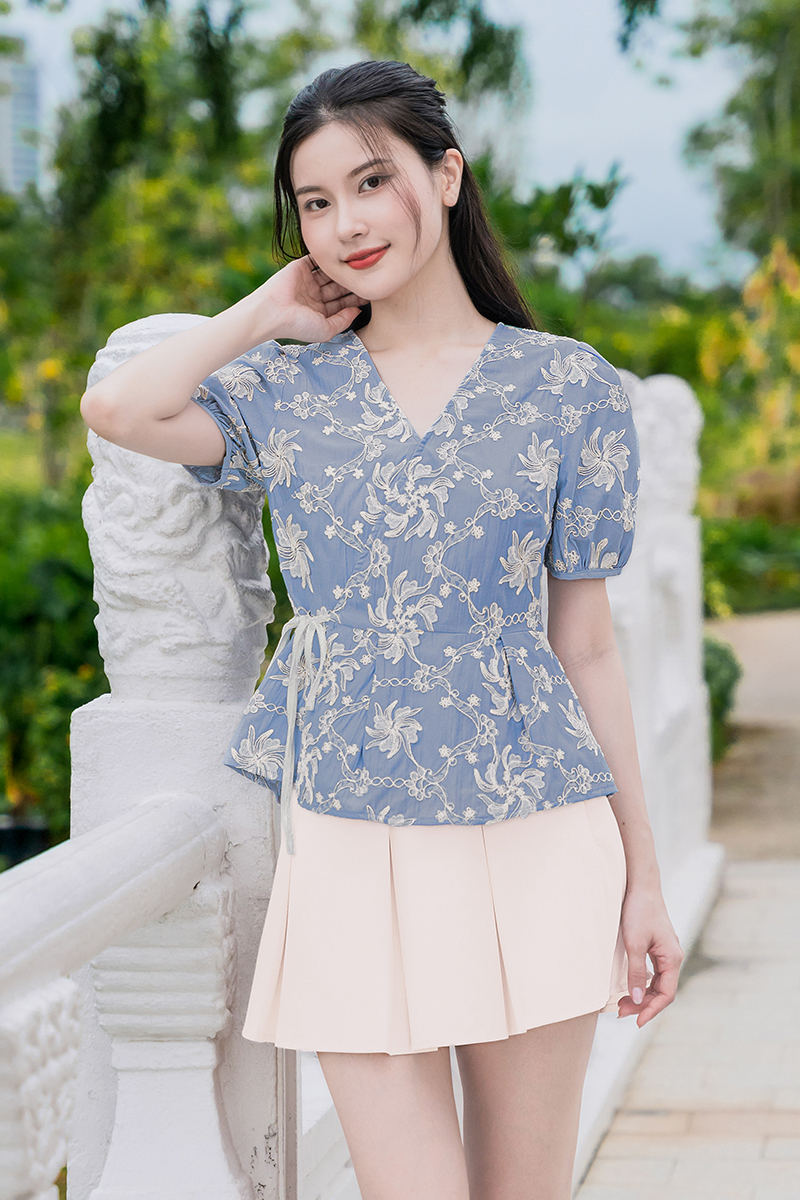 Mirabelle Wrap Ribbon Peplum Top (Blue Textured Floral) | Dear Lyla