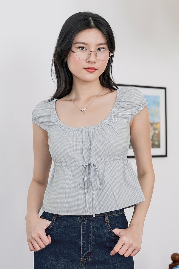 Bailey Cap Sleeve Drawstring Top (Grey Gingham)