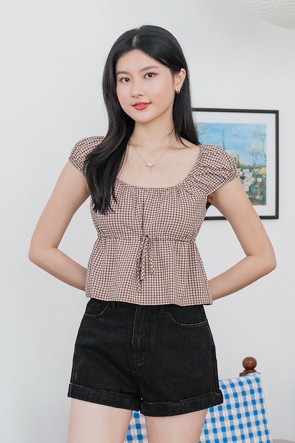 Bailey Cap Sleeve Drawstring Top (Brown Plaid)