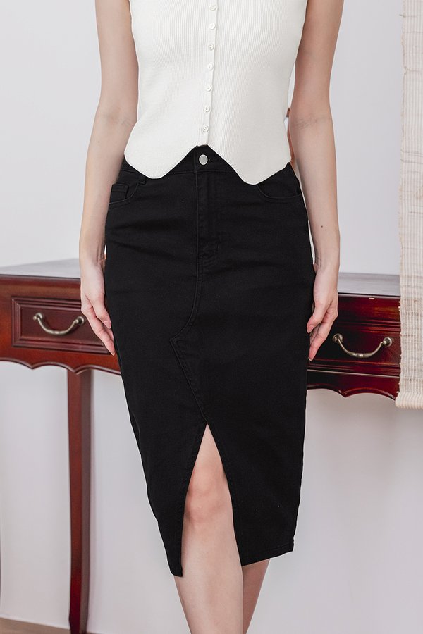 Glenda Denim Midi Slit Skirt V2 (Black Denim)
