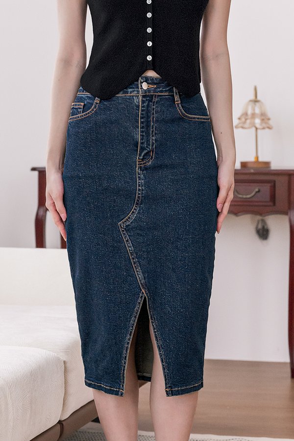 Glenda Denim Midi Slit Skirt V2 (Vintage Wash)