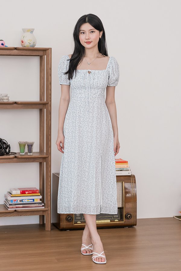 Johanna Padded Pleat Front Slit Midi Dress (Bleu Blooms)