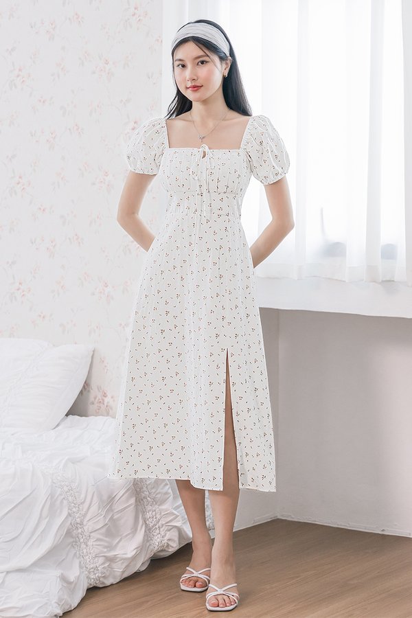 Johanna Padded Pleat Front Slit Midi Dress (Rose Garden)