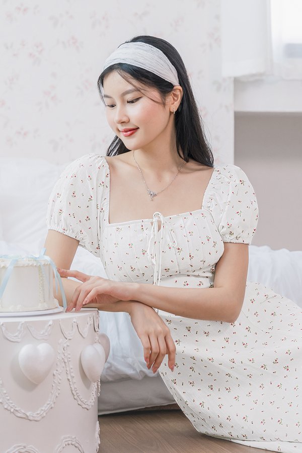 Johanna Padded Pleat Front Slit Midi Dress (Rose Garden)