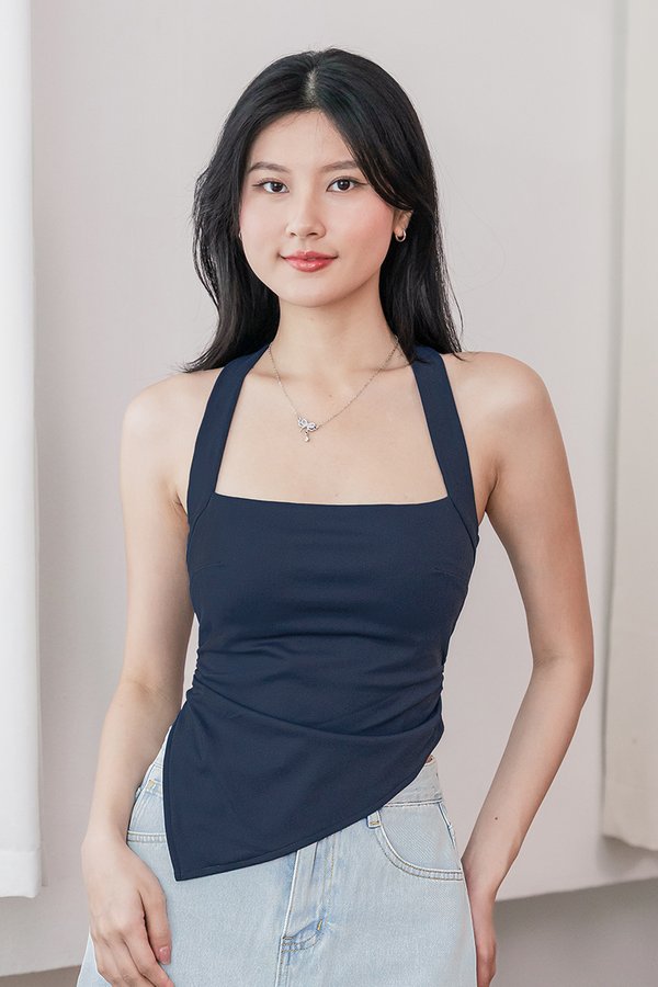 Kimberly Padded Halter Asymmetrical Hem Top (Midnight)