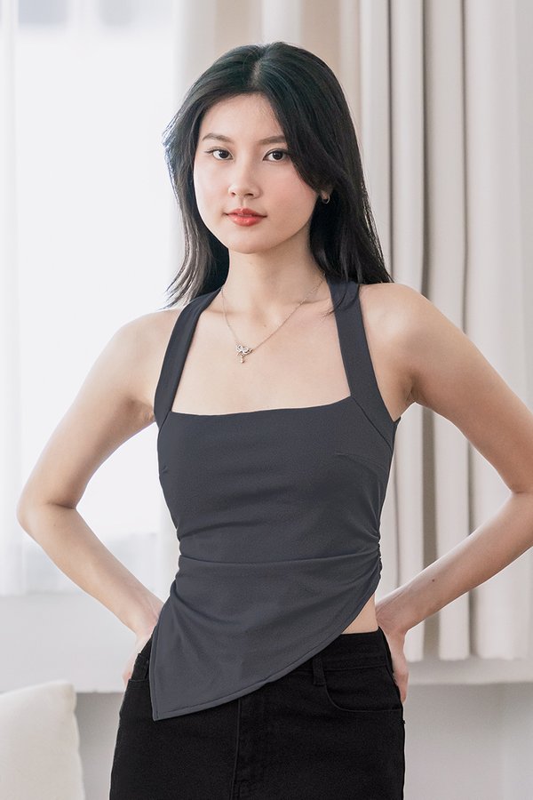Kimberly Padded Halter Asymmetrical Hem Top (Shadow)