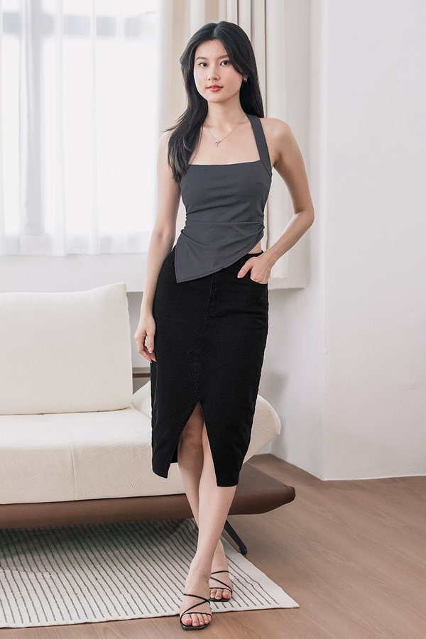 Glenda Denim Midi Slit Skirt V2 (Black Denim)