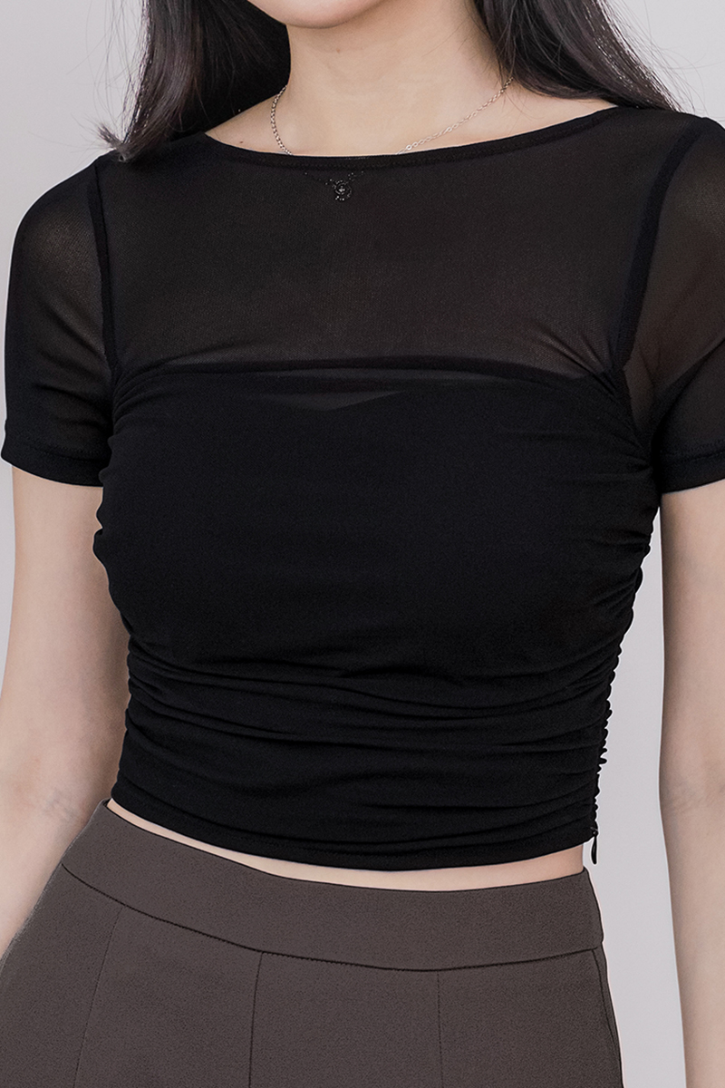 Zenda Padded Ruched Mesh Top (Black) | Dear Lyla